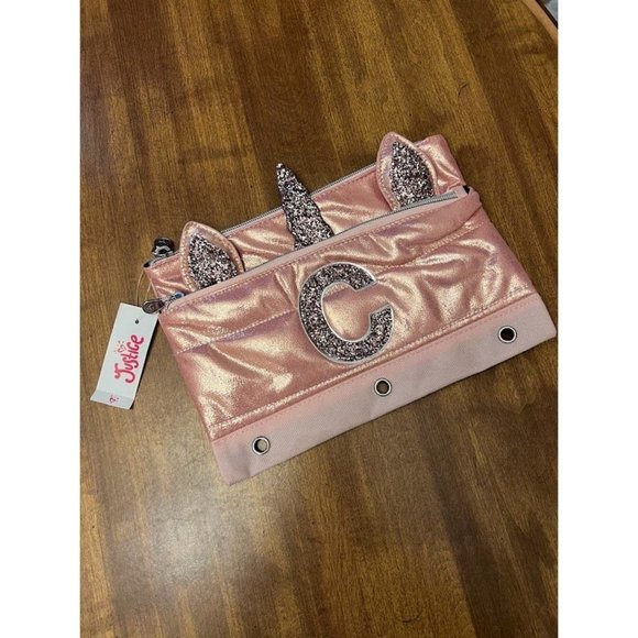 NWT Justice Girls Rose Gold Sparkly Unicorn Initial "C" Pencil Pouch - Picture 1 of 8